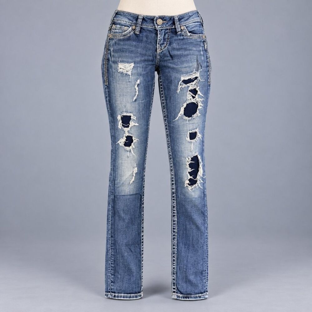 Silver Jeans Co. Tuesday Skinny Womens 27x31 Blue Embroidered Distressed